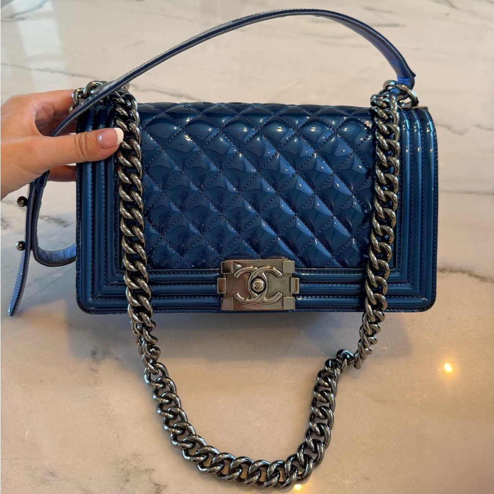 100% Authentic CHANEL Patent Leather Medium Boy Bag Metallic Blue